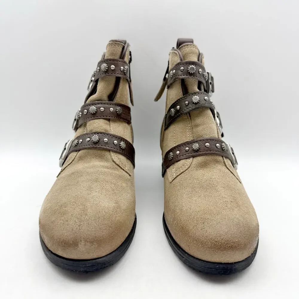 Miz Mooz Womens Sherri Ankle Boots EU 36 Size 6 Pebble Tan Suede Buckle EUC
